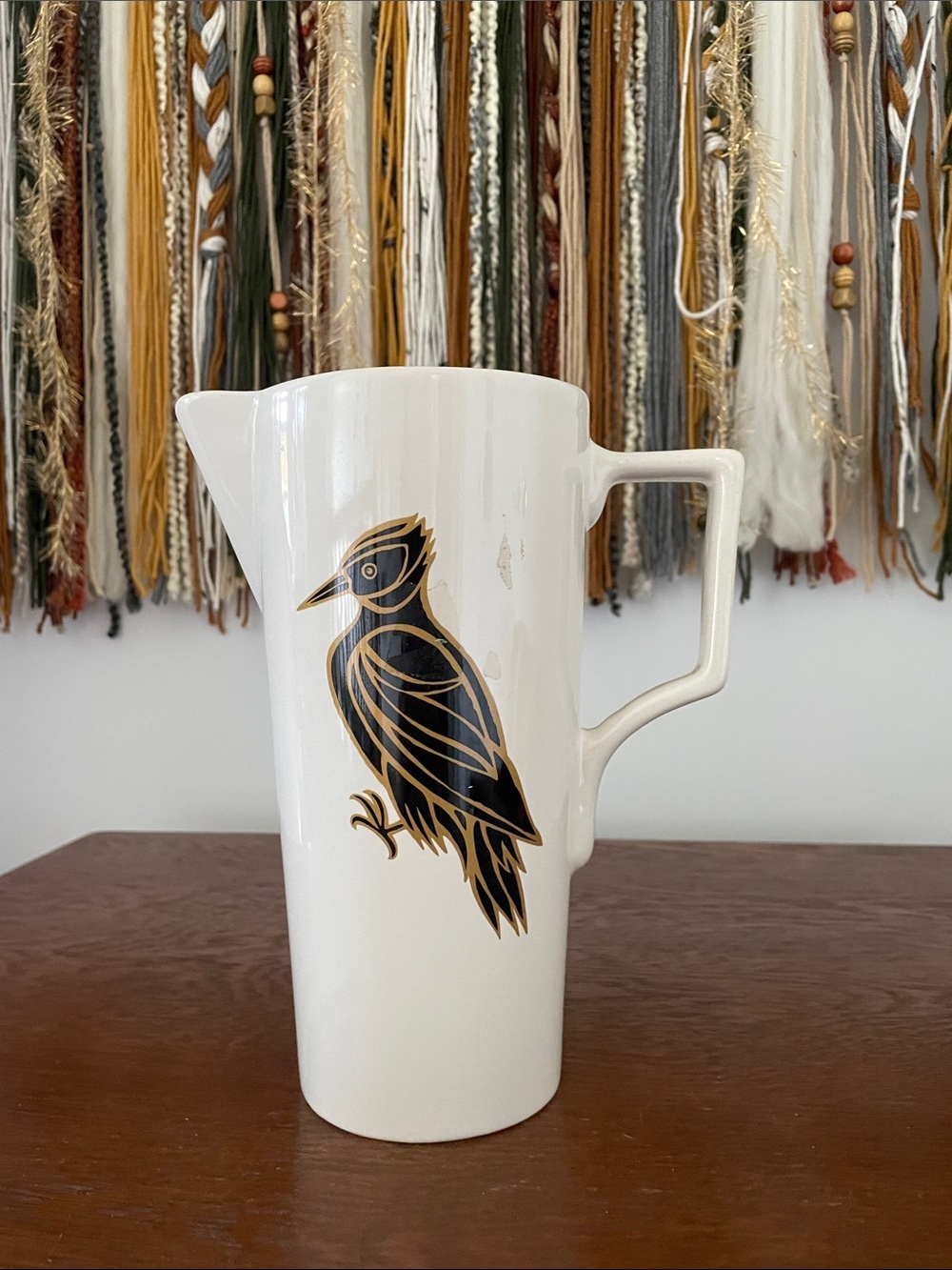 White Ceramic Pitcher with Black & Gold Bird Motif